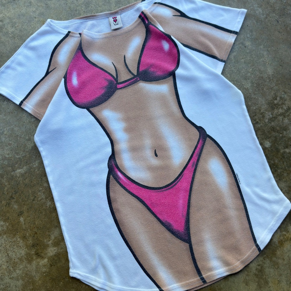 Vintage 90s Tease Bikini Body Graphic T-Shirt Novelty Beach Y2K White OS (j4)